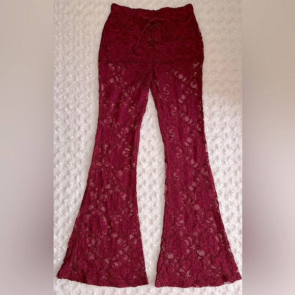 Forever 21 Burgundy Lace Bell Bottom Lace Up Detail - Picture 3 of 8